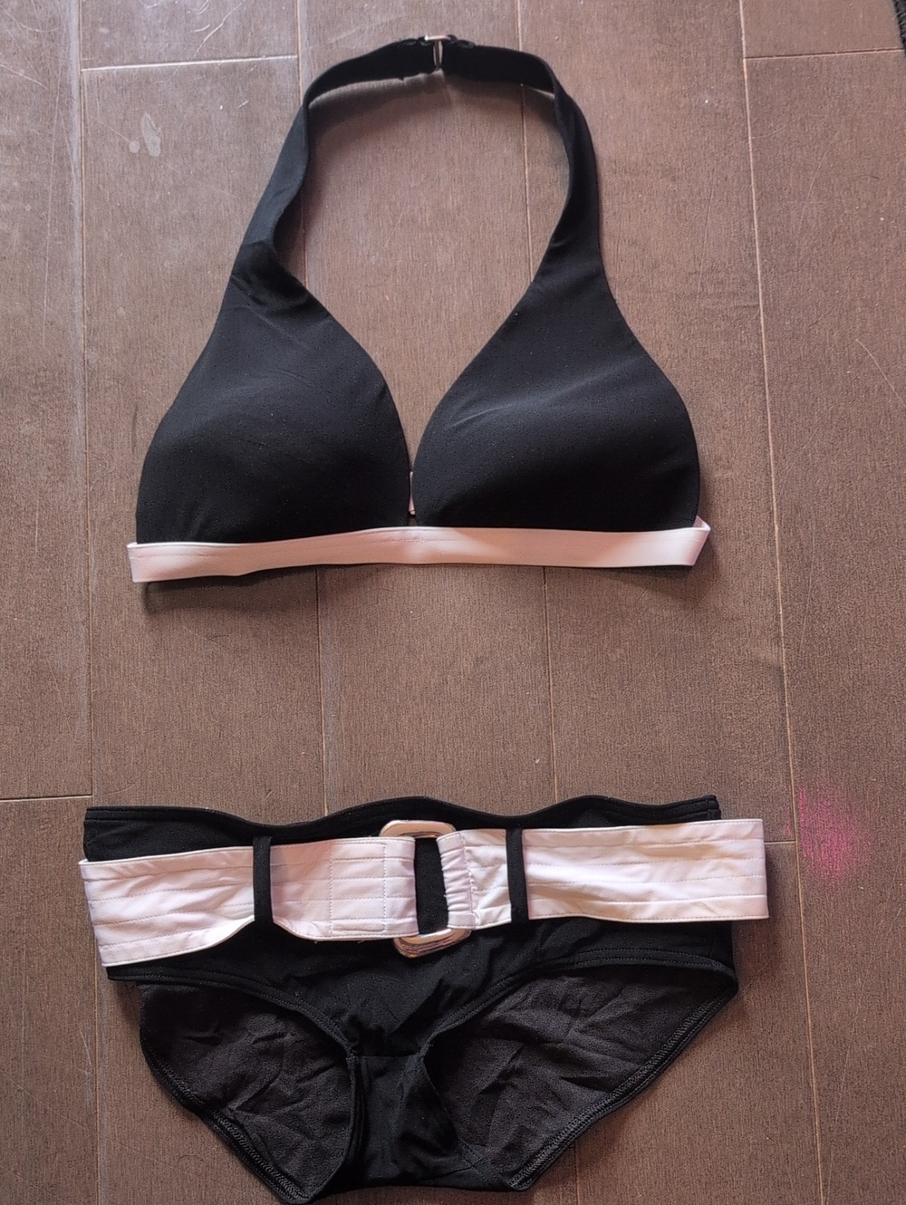 Black Bikini with White Trim, Belt & Matching Shorts La Vie En Rose